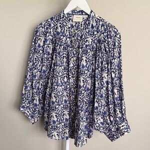 Anthropologie Navy and White Patterned Blouse